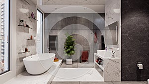 Bathroom interior design idea with quartz vanity countertop and quartz wall and floor slab decoration.