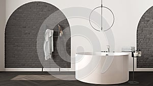 Bathroom interior design showcase, classic set in dark tones, brick walls, parquet. Freestanding round bathtub, modern pendant