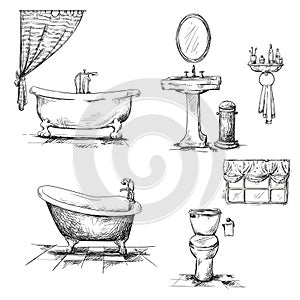 Bathroom interior elements. hand drawn. Bathtub, t