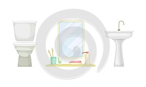 Bathroom interior elements set. Toilet bowl, sink and mirror cartoon vector illustration