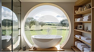 Bathroom interior with enormous round mirror, tub, shower, large picture window overlooking the countryside, glass divider, and