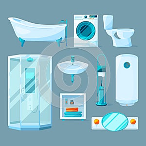 Bathroom interior furniture and different equipment. Vector illustrations in cartoon style