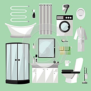 Bathroom interior furniture. Vector illustration in flat style. Design elements, bathtub, washing machine, shower