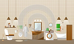 Bathroom interior with furniture. Vector illustration in flat style. Design elements, bathtub, washing machine