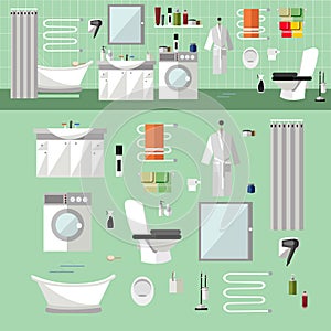 Bathroom interior with furniture. Vector illustration in flat style. Design elements, bathtub, washing machine, toilet