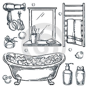 Bathroom interior isolated design elements. Vector hand drawn sketch illustration. Bath and shower set