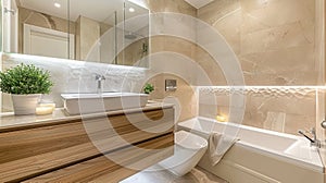 Bathroom interior Italian design, stone textures, solid wood cabinet