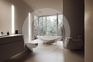 Bathroom interior with large full-wall window and bathtub with faucet.