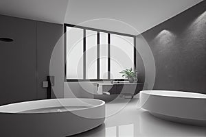 Bathroom interior with large round bathtub with faucet and window.