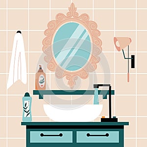 Bathroom interior with mirror. Modern home bathtub with wash sink towels wall lamps, cartoon toilet room minimalism