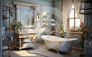 bathroom interior room with furniture bathtub shel Generative AI photo