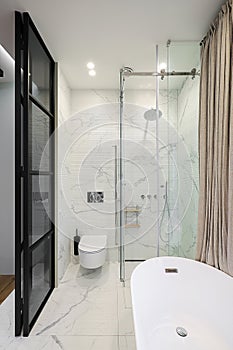 Bathroom interior with shower cabin and toilet bowl