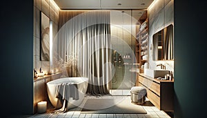 bathroom interior showing a bathtub with a shower curtain, a cupboard for storage, and a separate shower space