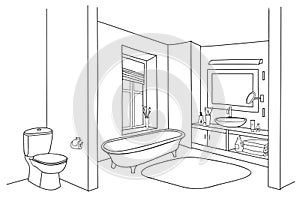 Bathroom interior sketch. Room view, doodle drawn bath furniture