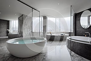 Bathroom interior in soft grey tones with luxurious bathtub with faucet and mirrors.