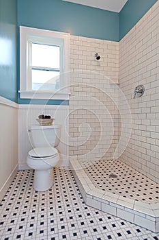 Bathroom interior with tile and plank wall trim.