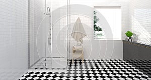 Bathroom interior,toilet,shower,modern home design clean wall 3D Illustration for copy space white background