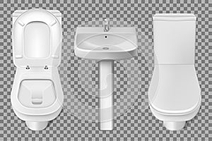 Bathroom interior toilet and washbasin realistic mockup. Closeup look at white toilet bowl and bathroom sink. 3d vector