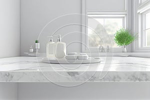 Bathroom interior with a white marble countertop, a large window with a view of the countryside.