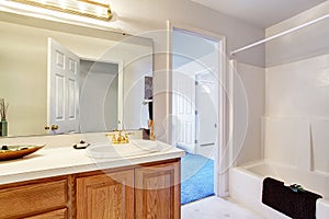 Bathroom interior in white tones with brown cabinets
