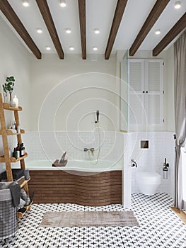 Bathroom interior. Wooden beams on the ceiling.