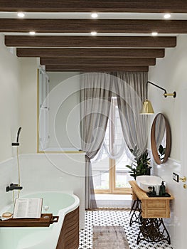 Bathroom interior. Wooden tr with a book and a glass. Wooden beams on the ceiling.