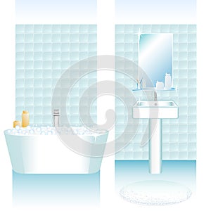 Bathroom interiors set with bathtube and wash sink. Walls with tiles. Blue and white colors