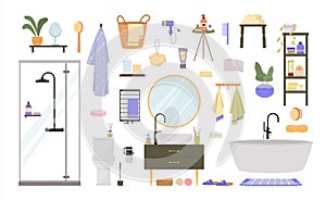 bathroom items set. shampoo towels shower, mirror shelf bath, bath accessories and furniture set, toothbrush, sink