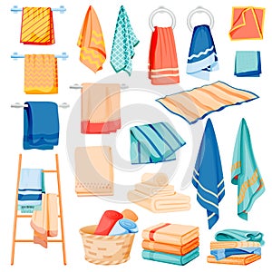 Bathroom and kitchen cotton towels collection. Vector illustration of bath and spa toiletries. Textile hygiene items