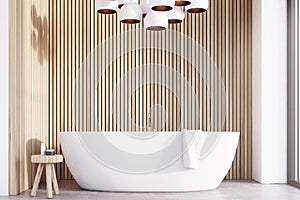 Bathroom with lamps, light wood, front