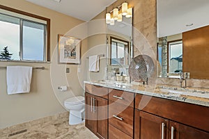 Bathroom with large vanity, mirror and granite countertop