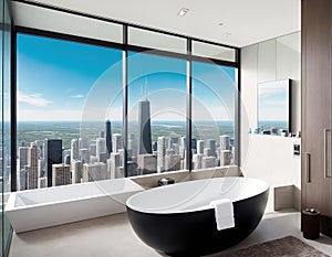 A bathroom with a large window that looks out onto a city skyline.