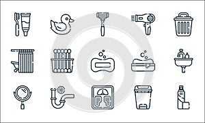 bathroom line icons. linear set. quality vector line set such as spray, weight scale, mirror, bin, pipe, shower curtains, soap,