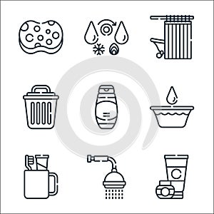 bathroom line icons. linear set. quality vector line set such as cream, shower, toothbrush, bucket, shampoo, bin, shower curtains