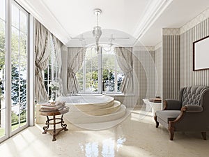 Bathroom in luxury neo-classical style with sinks tubs and a large round bath.