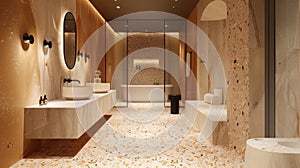 The bathroom at Luxury Rewritten exudes a spalike ambiance with its opulent Terrazzo flooring. The neutral tones of the
