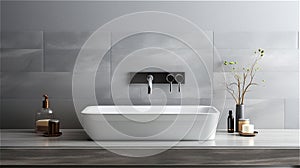 bathroom in a minimalist design with stone countertop and ceramic washbasin.