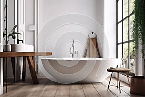 bathroom modern bathtub wood luxury home architecture house cabinet white interior. Generative AI.