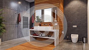 Bathroom modern interior with sauna style wood planks design, quartz countertop vanity and wall and floor ceramic tiles.