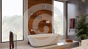 Bathroom modern interior with sauna style wood planks design, quartz slab and wall and floor ceramic tiles.