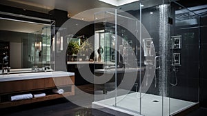 Bathroom in a modern style with gray tiled walls. There is shower with a glass partition, wooden stand with black sink