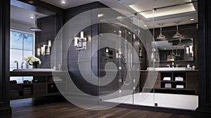 Bathroom in a modern style with gray tiled walls. There is shower with a glass partition, wooden stand with black sink