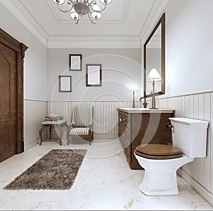 Bathroom in modern style with sink bath and toilet with a comfortable chair.