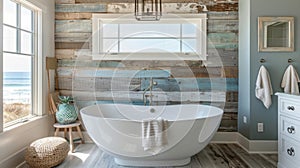 The bathroom in the Nautical Beach House is a peaceful oasis with a calming color palette of soft grays and aqua blue