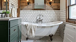 A bathroom oasis with a clawfoot tub subway tile and a vintage vanity topped with a retrostyle mirror and sconces photo