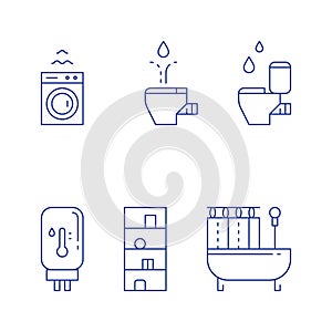Bathroom objects, bath curtains, toilet and bidet, water heater tank, washing machine,
