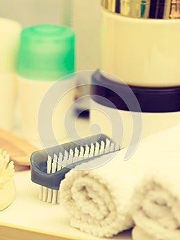 Bathroom objects. Sponges, brushes, towels and creams