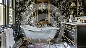 The bathroom oozes Victorian glamour with its walls covered in a bold black and white wallpaper featuring intricate photo