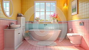 a bathroom with pink tiles , yellow walls , a tub , a sink , and a toilet