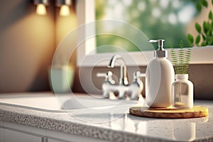 Bathroom products on modern counter with modern interior design. Flawless